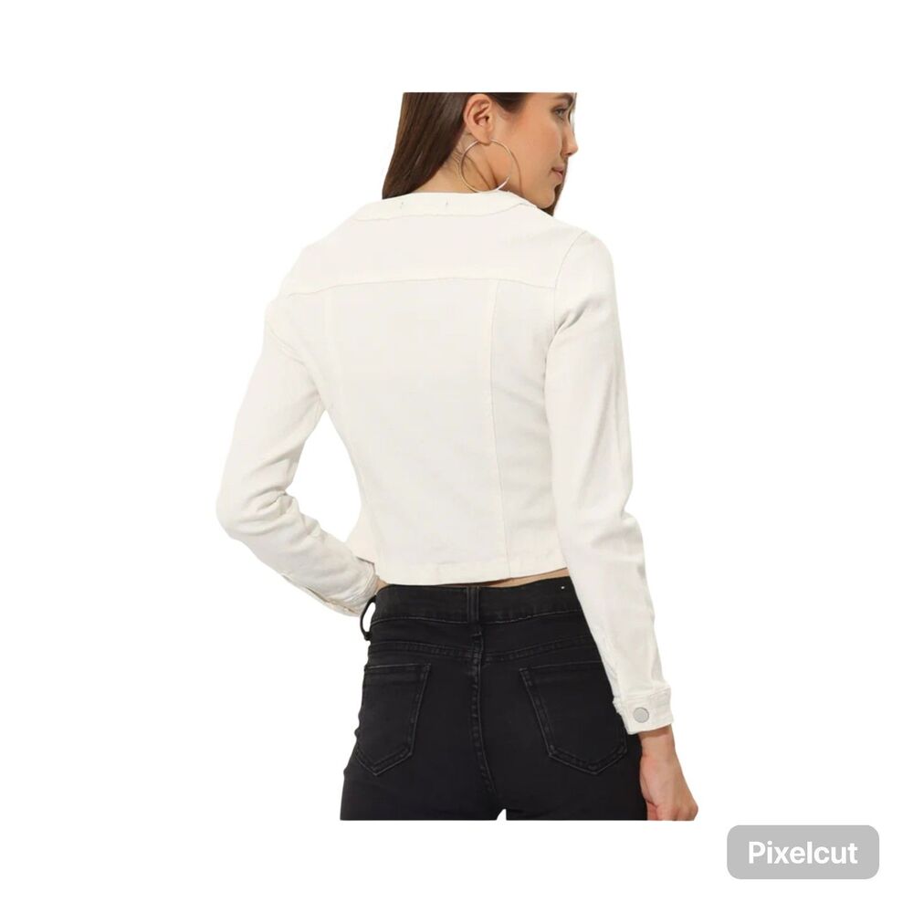 Allegra K Size Lg Denim Collarless long sleeve button down white cropped jacket - Picture 3 of 7